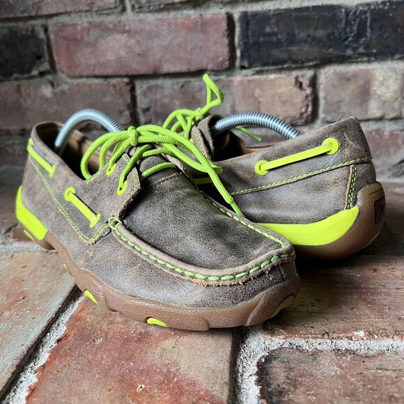 Twisted X Boots Driving Moc Bomber Brown Neon Yellow MDM0018 Women's Size 7.5 - Picture 8 of 16